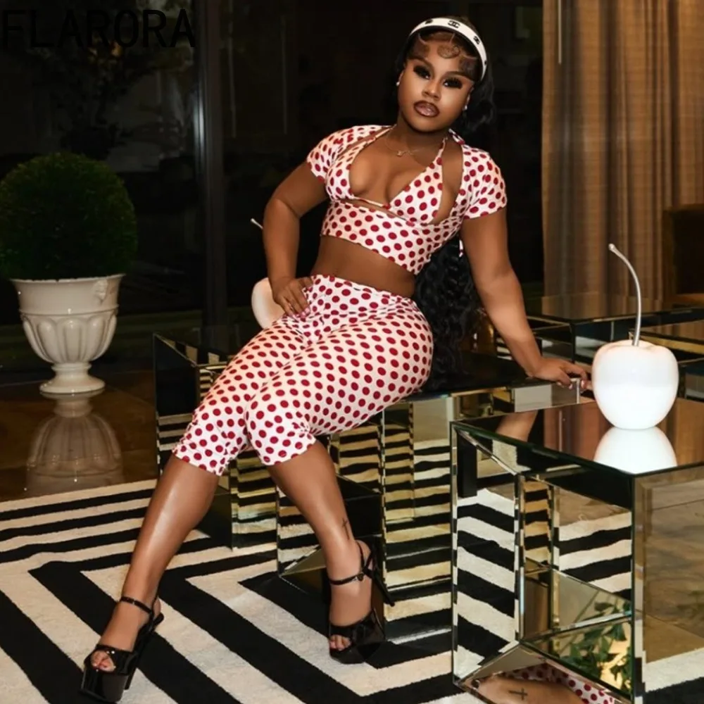 

FLARORA Sexy Fashion 3 Piece Set Woman Polka Dot Print Halter Bra Tops+Low-Neck Mini Sleeve Tees+Skinny Crop Pants Y2K Outfits