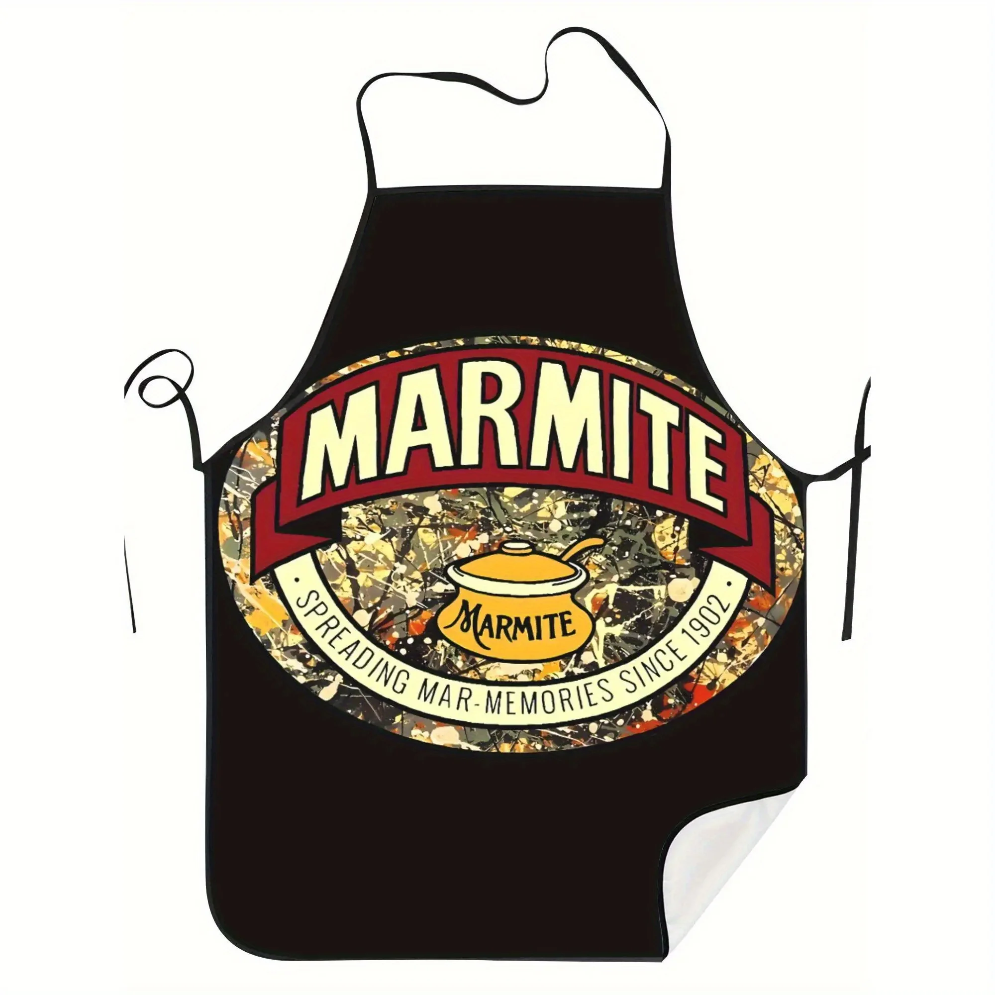 Delantal de cocina estilo vintage Marmite - Ajustable, negro, con un diseño colorido de Marmite con el texto 'Spreading Marmite Si'