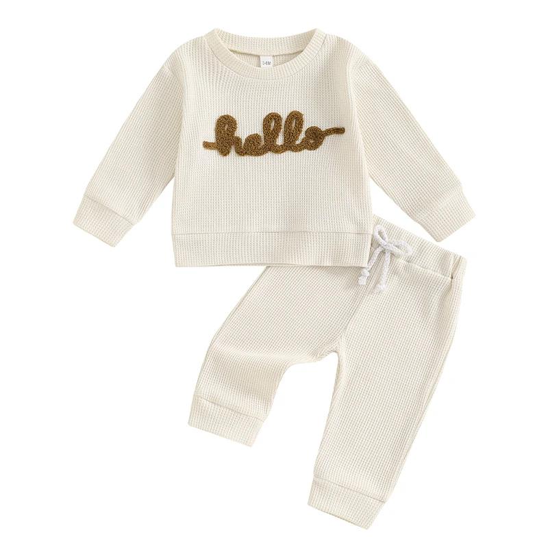 

Toddler Waffle Baby Boy Cute Solid Color Letter Embroidery Hello Long Sleeve Elastic Outfit Clothes Pullover Sweatshirt Pants