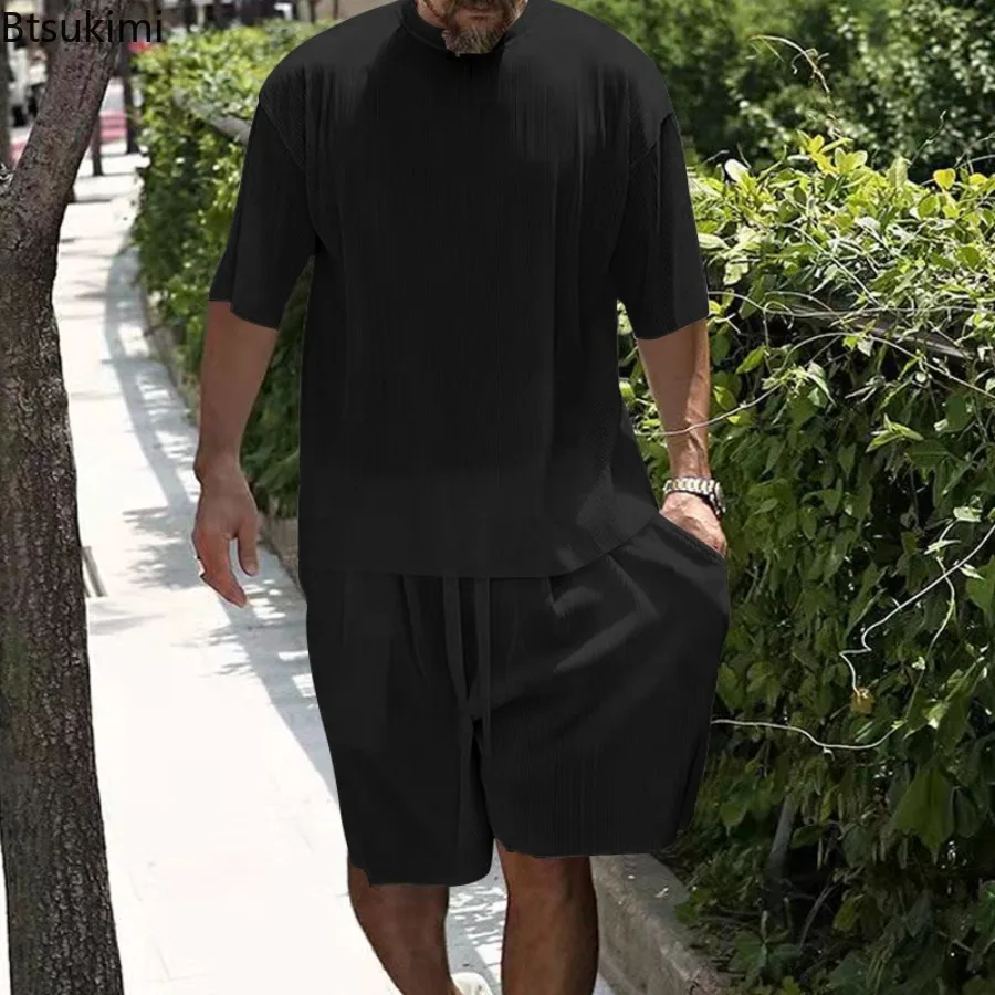 2025 Men's New Fashion Casual Sports Suit Summer Ice Silk Solid O-neck Vertical Stripe T-shirt Shorts Man Short Sleeve Tracksuit