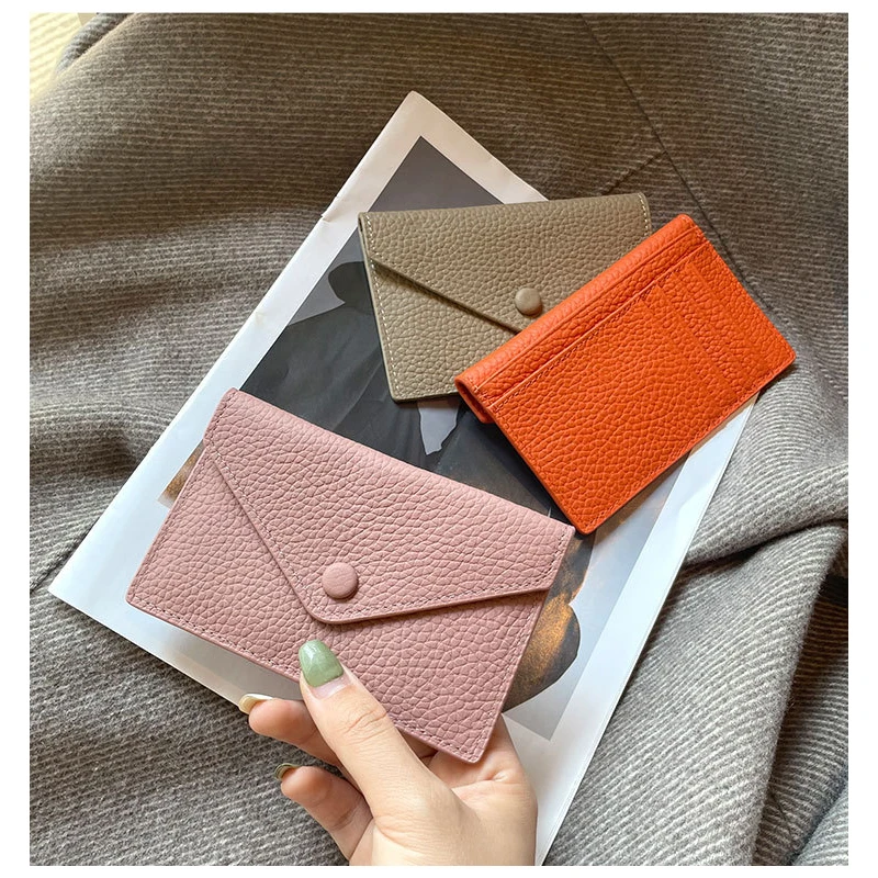 Fashion Ins Style Genuine Leather Card Holder Ultra-thin Mini Short Envelope Women Wallet Korean Japan Credit Card Case Purse