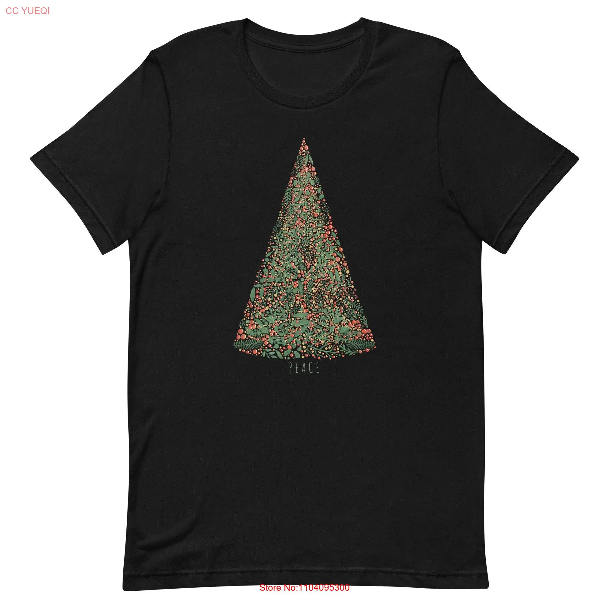 Christmas Peace Tree t shirt Top for women Classic Holiday Illustration on long or short sleeves