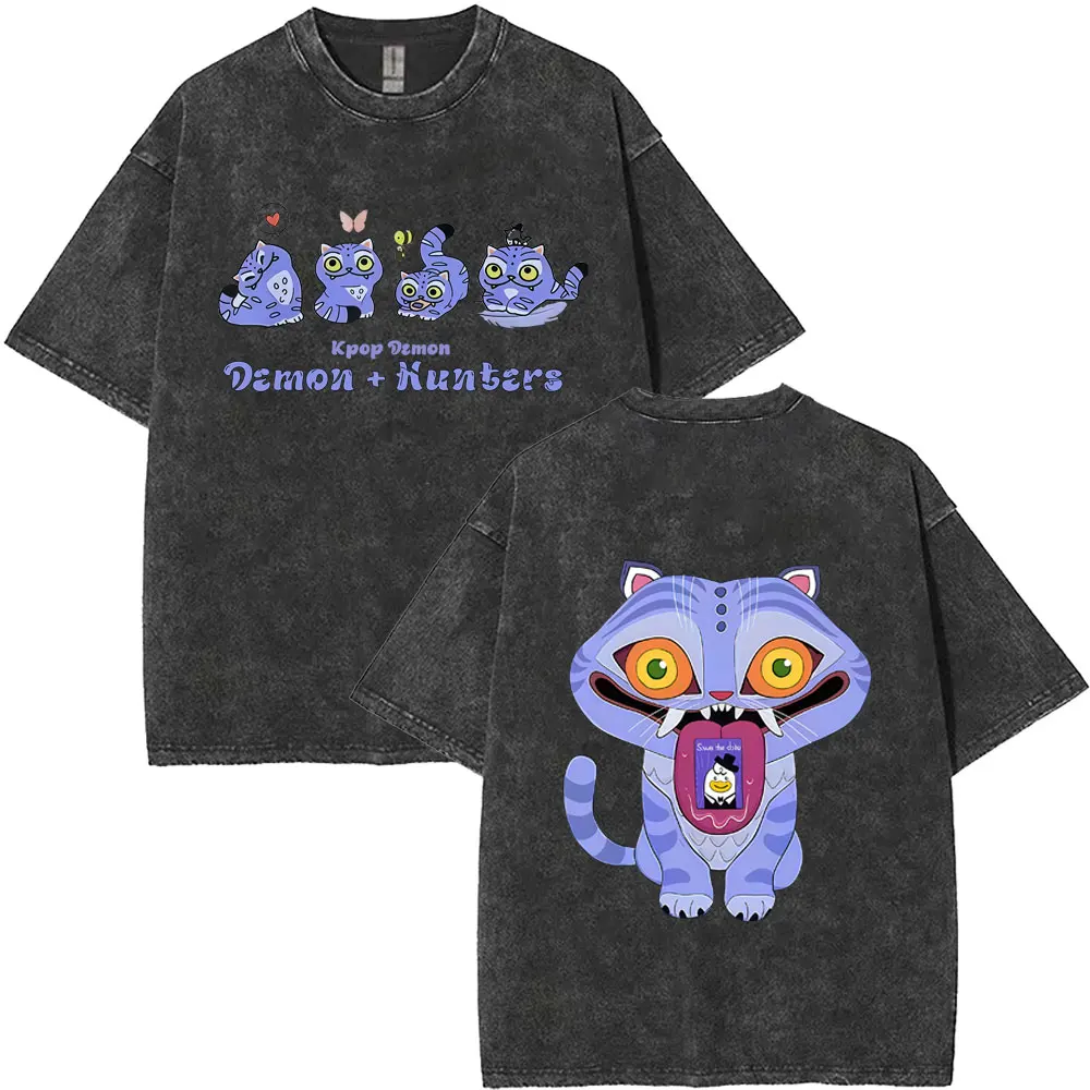 Hot Sale New Kpop Demon Hunters Derpy Tiger Washed Vintage T-shirt Men Women Clothing Fashion Cartoon Trend Crewneck T Shirts