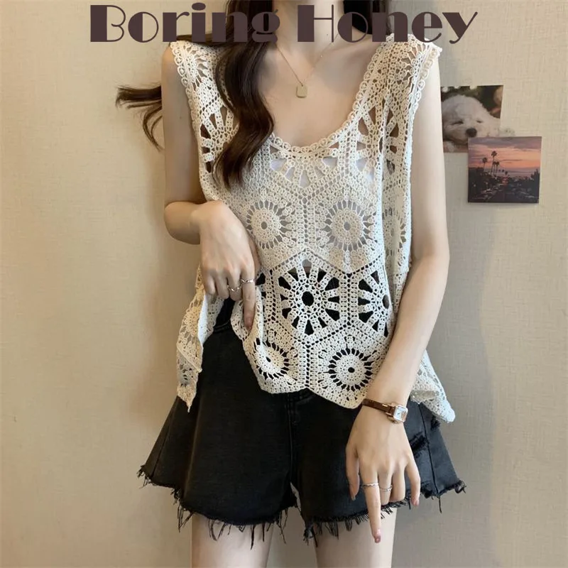 

Boring Honey Summer New Fashion Loose Top Women O-Neck Hollow Out Sexy Sleeveless Tops Women Solid Young Style Thin Tank Top