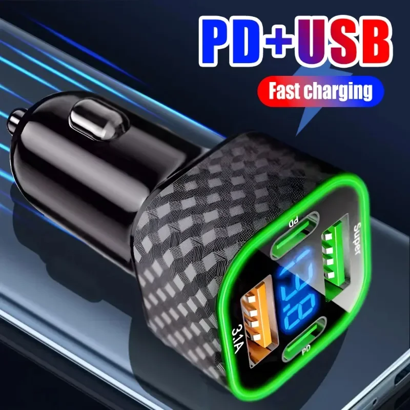 380W Car Mobile Phone Charger Dual PD Dual Type-C 4-in-1 Digital Display Auto Charger DC 12V/24V Super Fast Charge Adapter