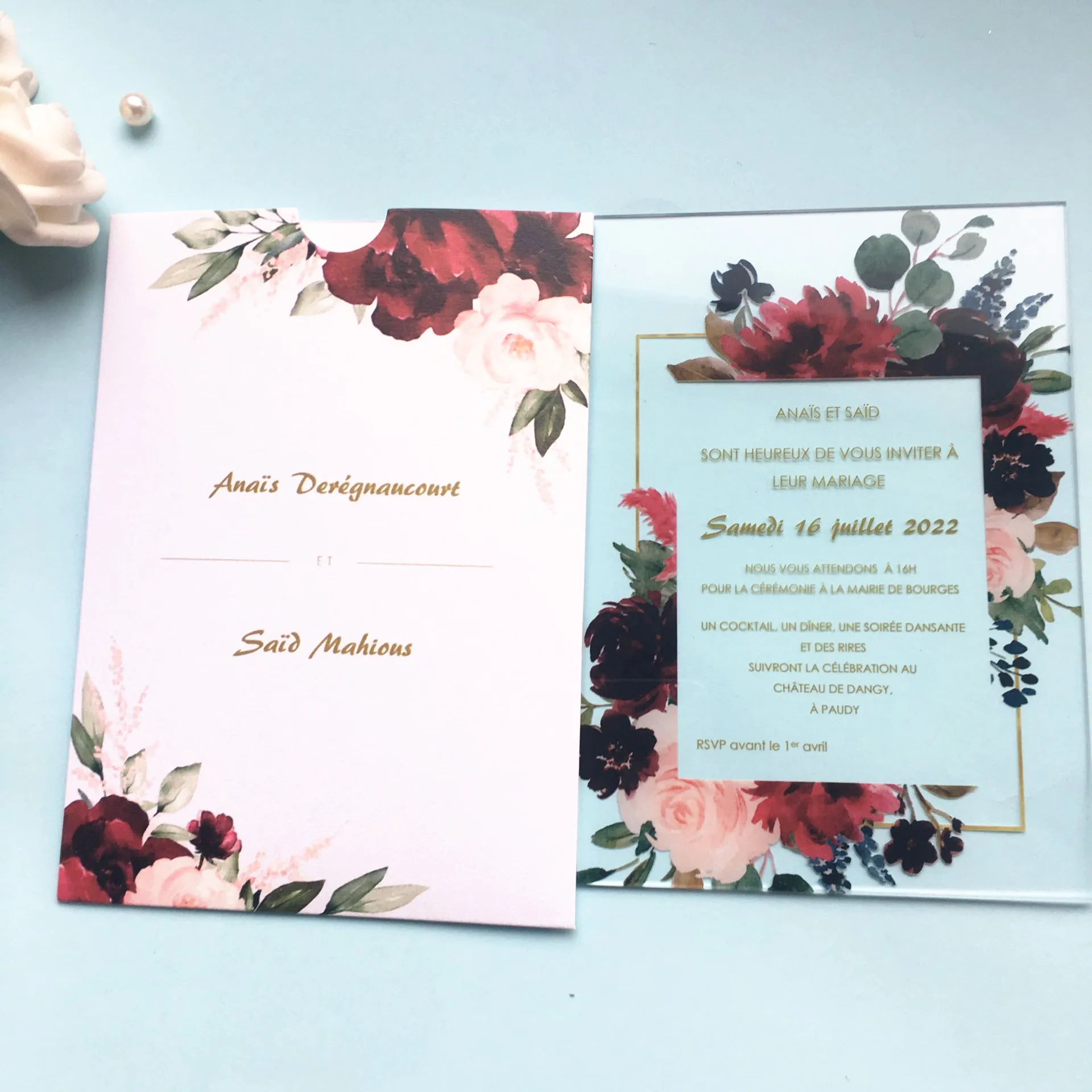 Cartes d'InPorter de Fleurs Rouges Découpées au Laser, Décoration de Mariage en Plexiglas, Invitations de Fiançailles avec Enveloppe