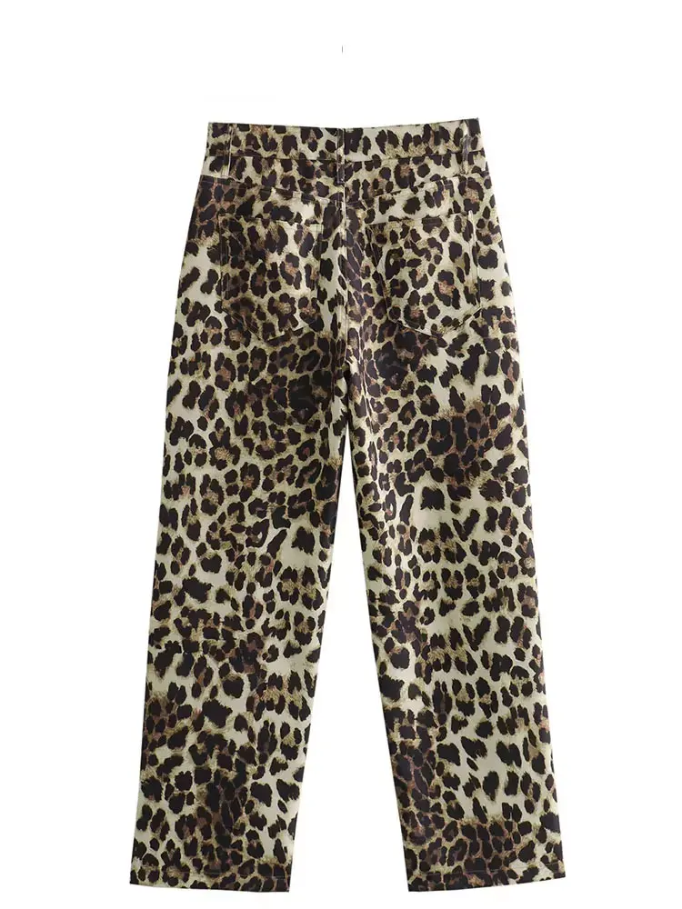 HH 2024 Female Summer Vintage Straight Pants Chic Street Bottoms High Waist Leopard Print Zipper Fly Wide Leg Trousers