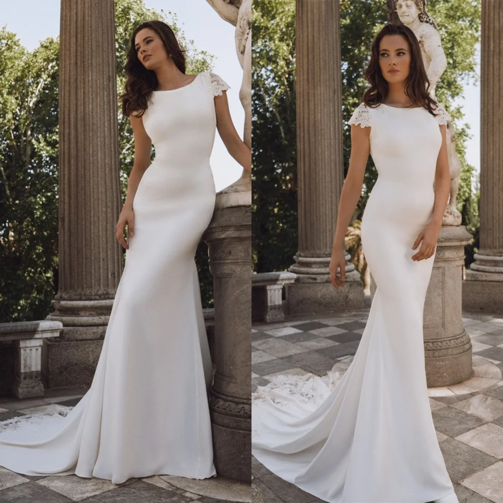 カスタマイズされたエレガントなホワイトジャージのウェディングドレス高品質スクープ半袖 Vestido デノビア気質マーメイドブライダルドレス
