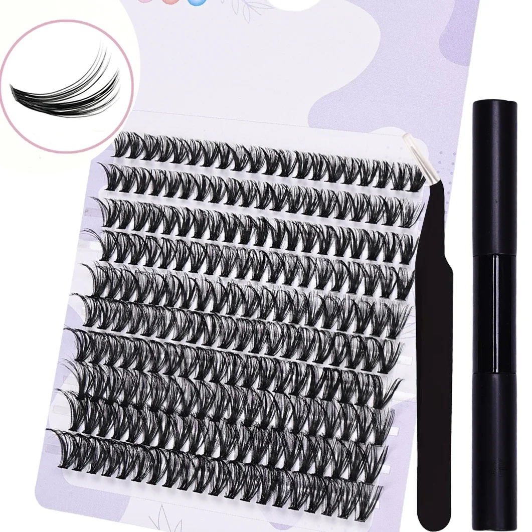 False Eyelash Extension Kit - 200pcs Clusters with Adhesive and Sealant Plus Tweezers for DIY Lash Extensions