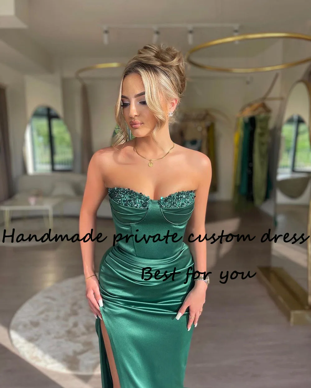 Viisher Green Mermaid Evening Dresses with Slit Beads Sweetheart Sexy Bodycon Prom Party Dress Floor Length Women Formal Gowns