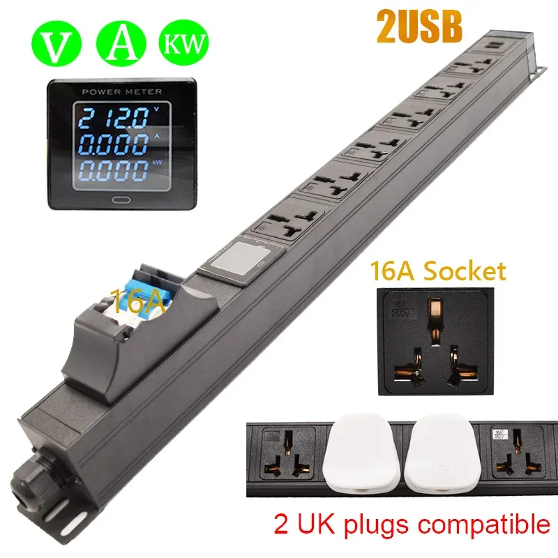 

1U Rack Mount PDU Power Distribution Unit 2USB 2 UK plugs compatible Socket 16A Circuit Breaker Ampere/Volt/Watt Meter