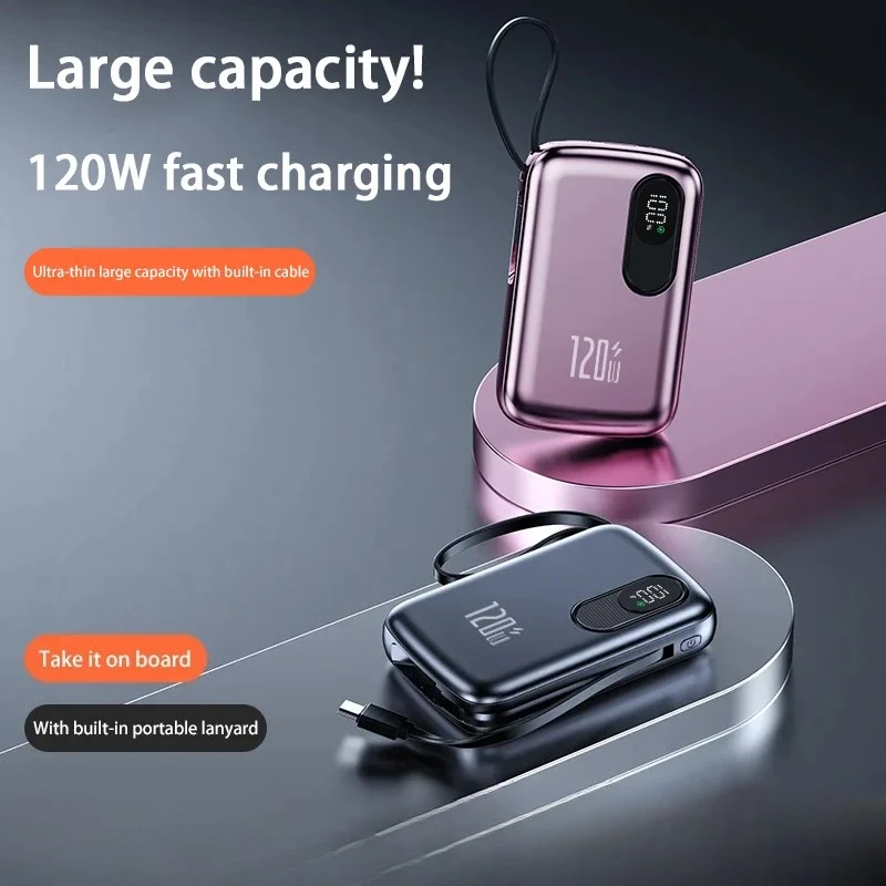 

Новый 100000 мАч, 120 Вт, сверхбыстрая зарядка, встроенный кабель, мини-Power Bank, портативное зарядное устройство, внешний аккумулятор для iPhone Xiaomi Samsung