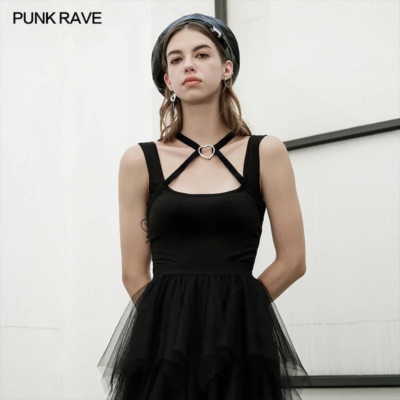 

PUNK RAVE Women Punk "Nicola" Series Love Halter Bands Crossed In Front and Back Vest Soft Black Slim Sexy Sleeveless Tops