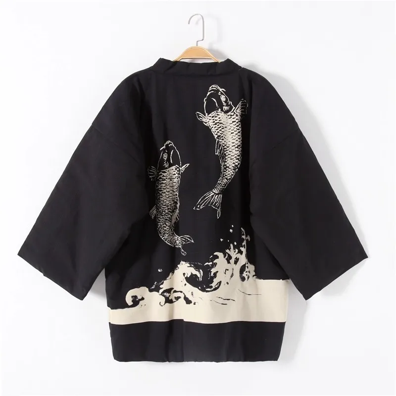 Quilted Japanese Hanten - Cotton Kimono Jacket with Koi/Dragon Pattern, Insulated Winter Home Wear for Men & Women