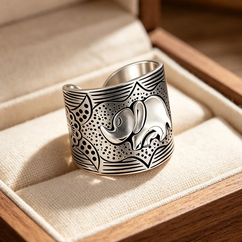 925 Sterling Silver Open Finger Ring Vintage Engraved Fish Elephant Wide Punk For Women Girl Jewelry Gift Dropship Wholesale