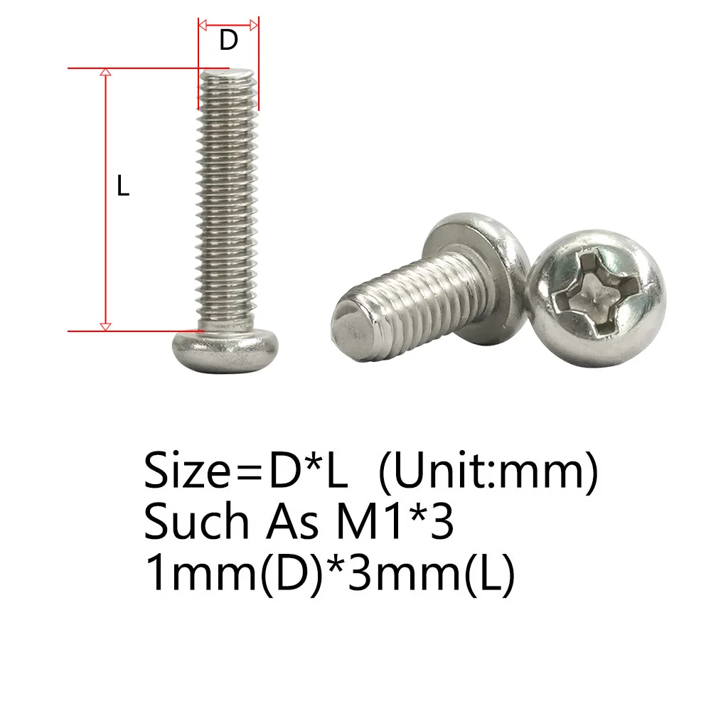 M1 M1.2 M1.4 M1.6 M2 Phillips Small Screws 304 Stainless Steel Metric Threaded Pan Spectacle Screw Glasses Watch Sunnies Bolts