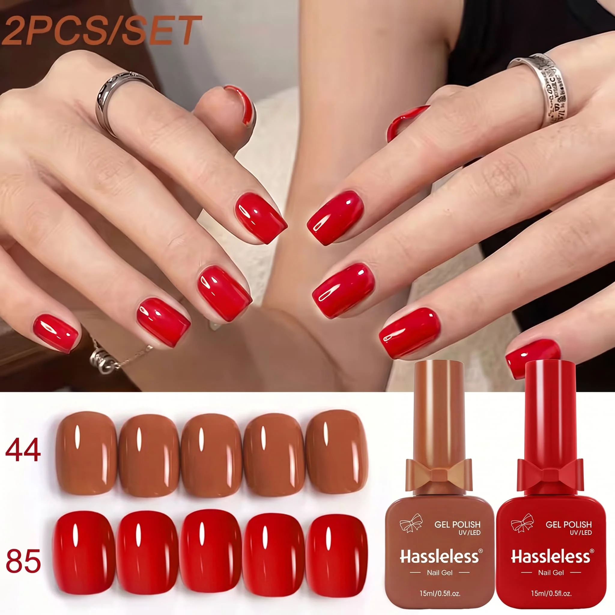 Hassleless 2-Piece Set of Caramel Warm Brown and Bright Red Contrasting Color Nail Polish Gel, Retro Caramel Brown and Bright Red Solid Color Nail Polish Gel, Long-Lasting and Not Easy to Peel Off, Autumn and Winter Holiday DIY Nail Art Set for Home Use