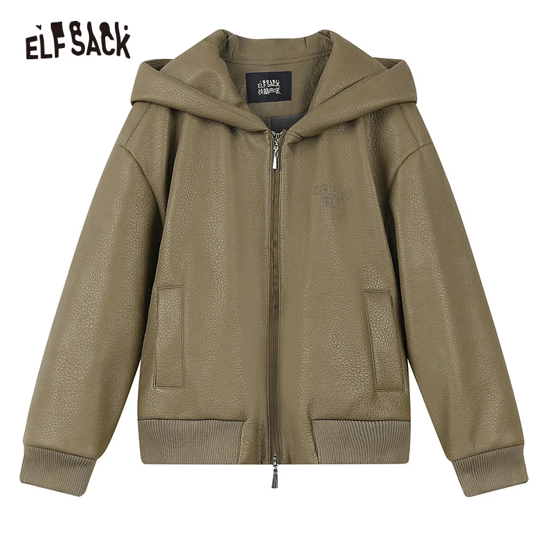 ELFSACK PU Fleece Hoodies Thick Jackets Women 2023 Winter New Designer Outwears