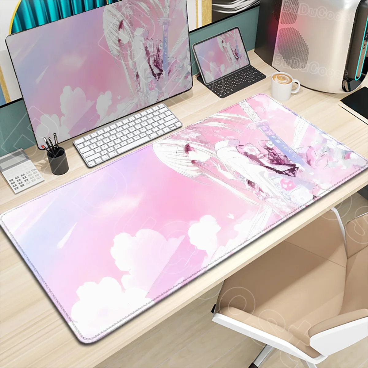 

Pink White Mousepad Computer Tablemat Large Pc Cute Anime Girl Mouse Pad Keyboard Accessories Gamer Extended Desk Mat XXL Carpet