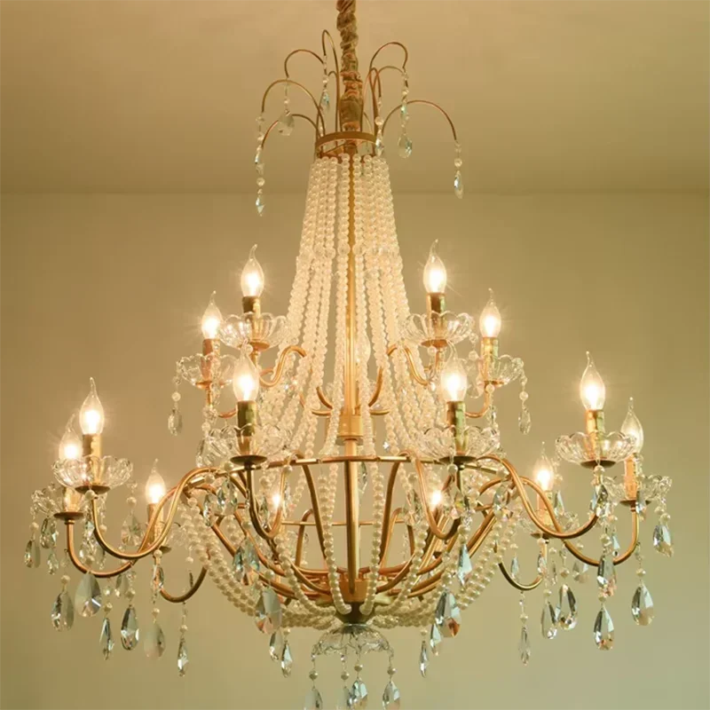 American Crystal Lamp French Retro Pearl Chandelier Medieval Villa Living Room Dining Room Bedroom Duplex Atmospheric Main Light