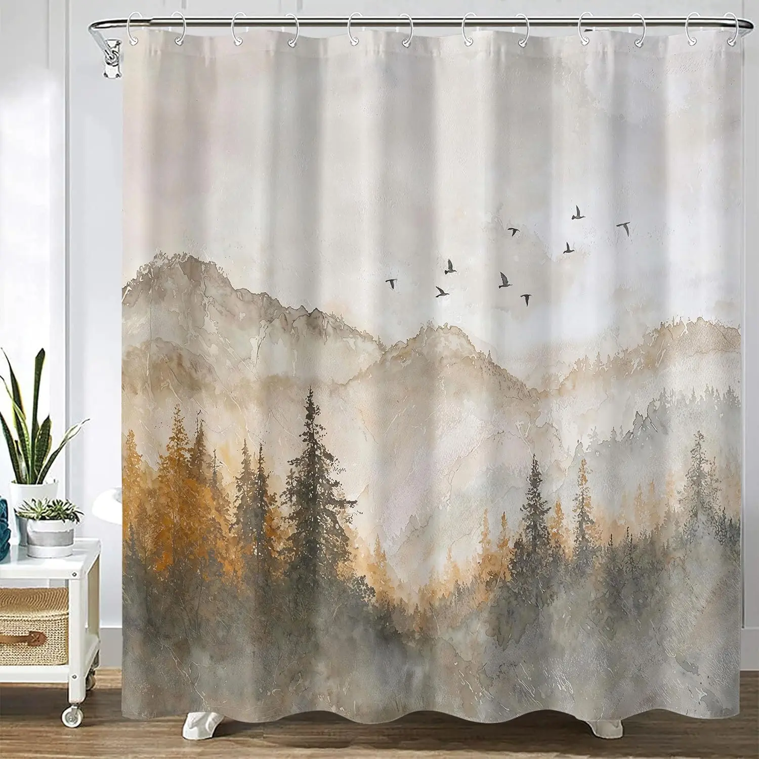 

Mountain Landscape Shower Curtain Artistic Forest Trees Birds Nature Scene Bathroom Decor Modern Minimalist Style Watercolor