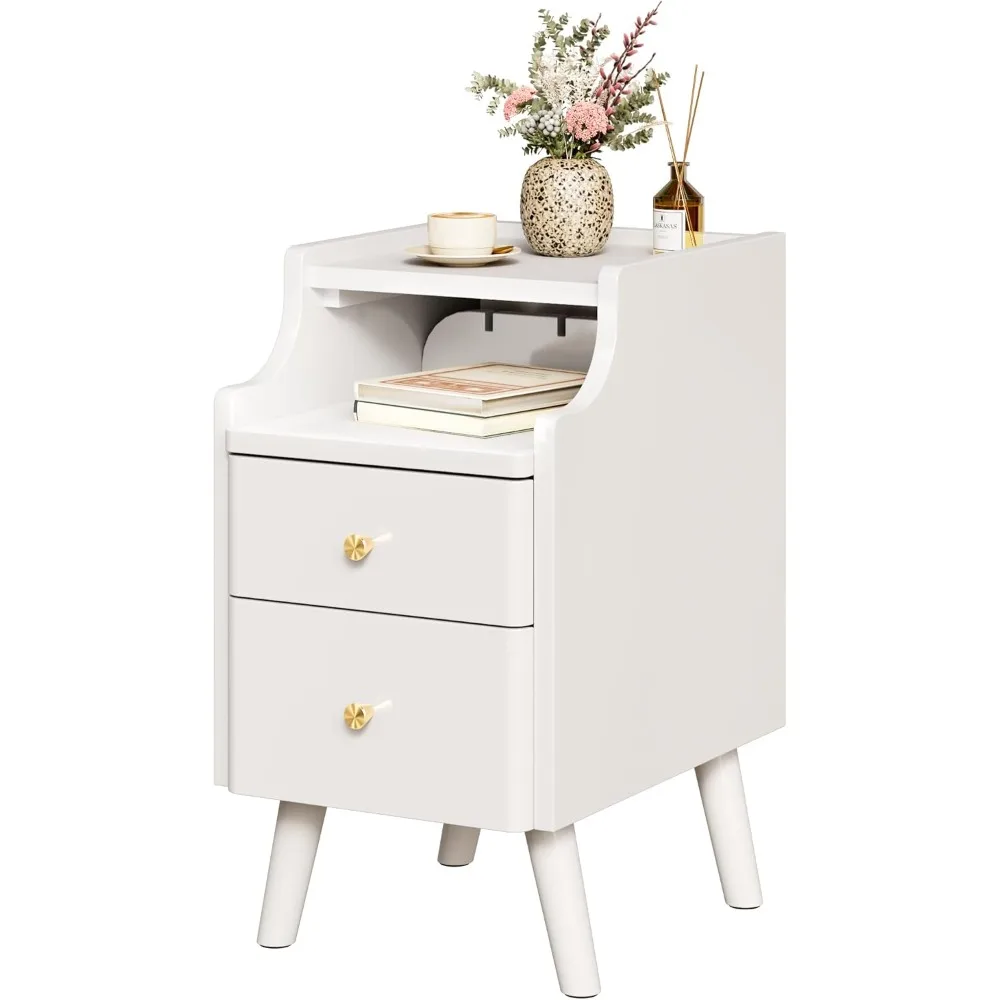 

narrow nightstand, solid wood night stand with 2 drawers, black mid century modern nightstand, small beside table with open stor