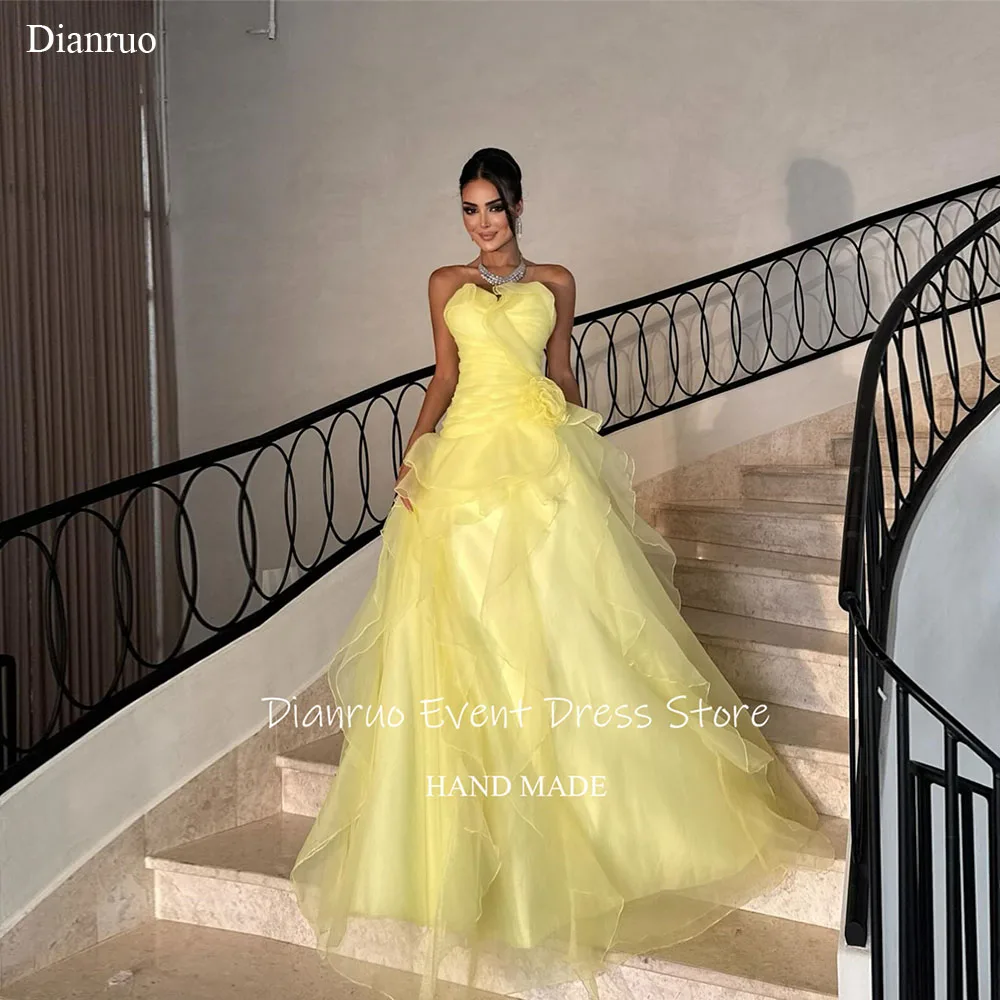 

Dianruo Lemon Yellow Organza Evening Dress Ball Gown Long Length Party Gowns 3D Flower Formal Vestidos De Graduación Customized