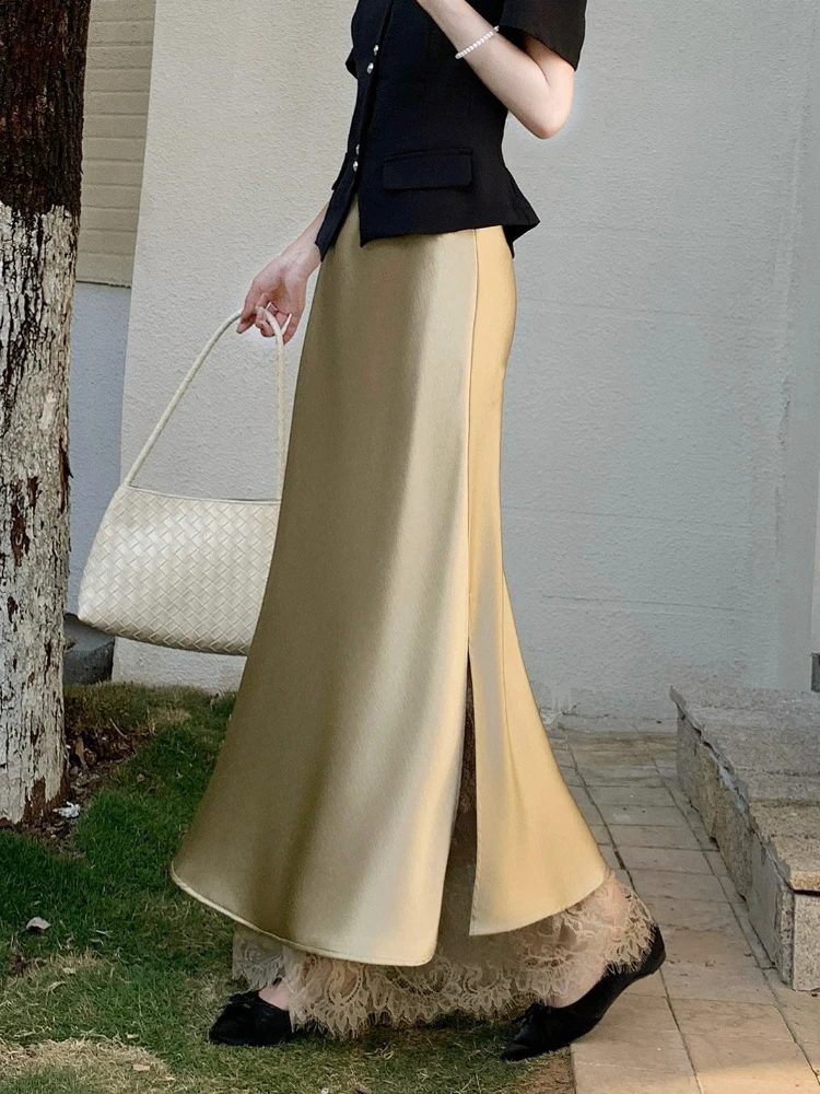 Elegant Lace Splicing Satin Side Slit Women Midi Skirt 2026 Spring Summer New Slim High-end Fashion Half Skirts