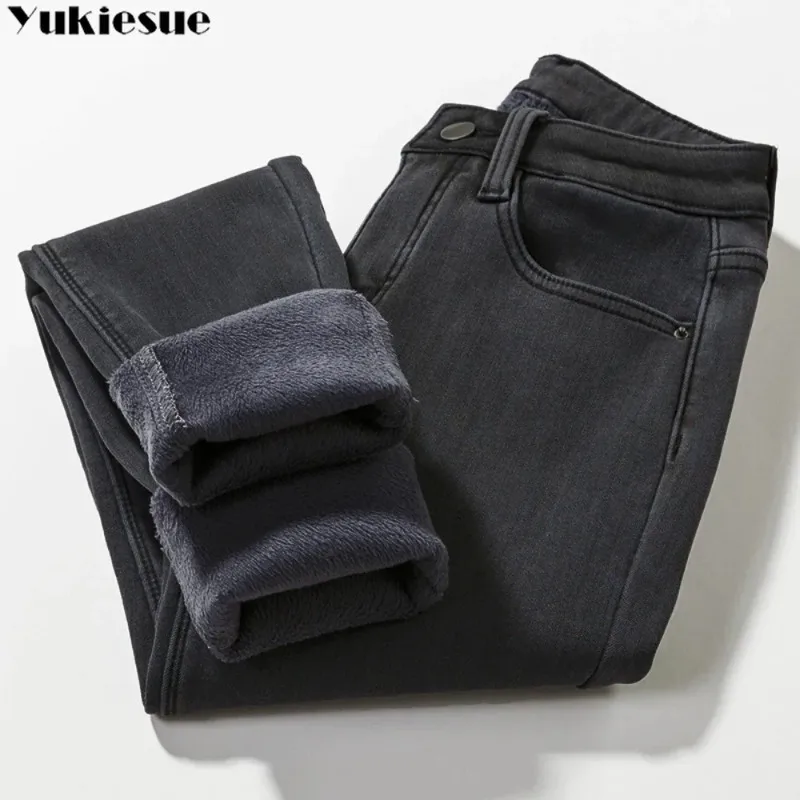 

Winter Fashion Thick Fleece vintage Pencil Jeans High Waist Casual Stretch Jeans Women Thickening Warm Streetwear Skinny Denim