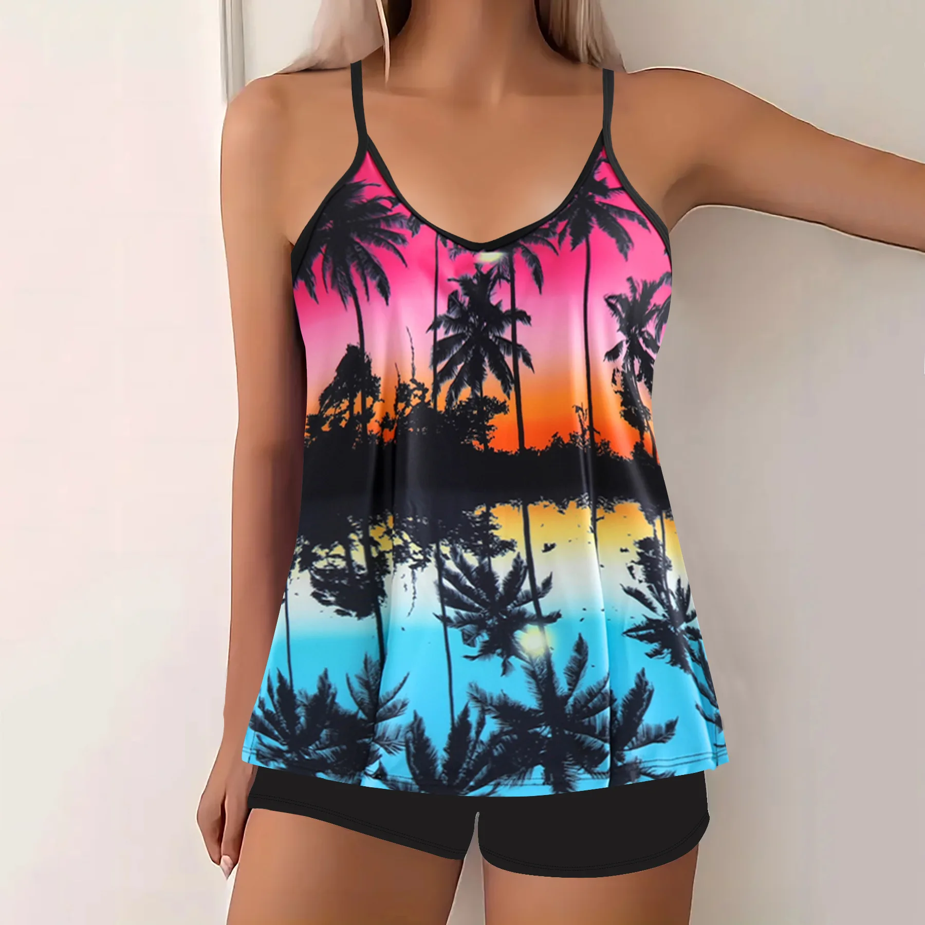 2026 New Women Tankini Swimsuit Tropical Leaf Print Scoop Neck Bow Front Flowy Top Boyshort Bottom Two Piece Beach Bathing Suit