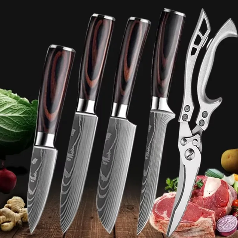 Damaskus Laser Küchenmesser Schere Japanisches Santokumesser Kochen Kochmesser 7CR17 Edelstahl Boning Hackmesser