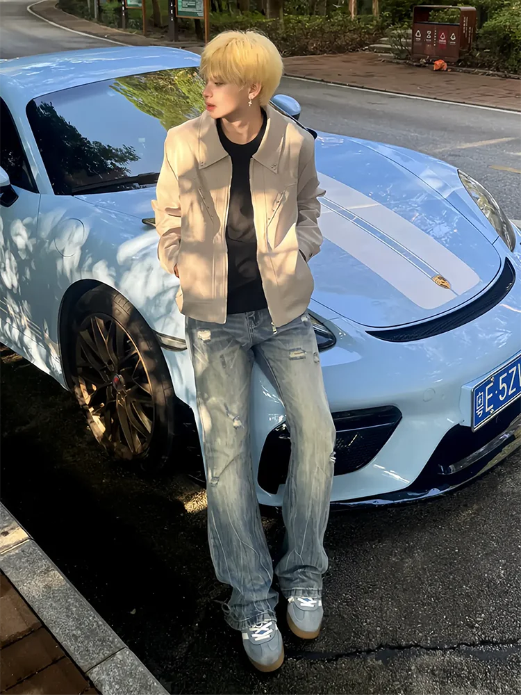 

Светло-голубые мужские джинсы с рваным узором «молния», прямые, слегка расклешенные, в американском стиле, повседневные, из хлопка