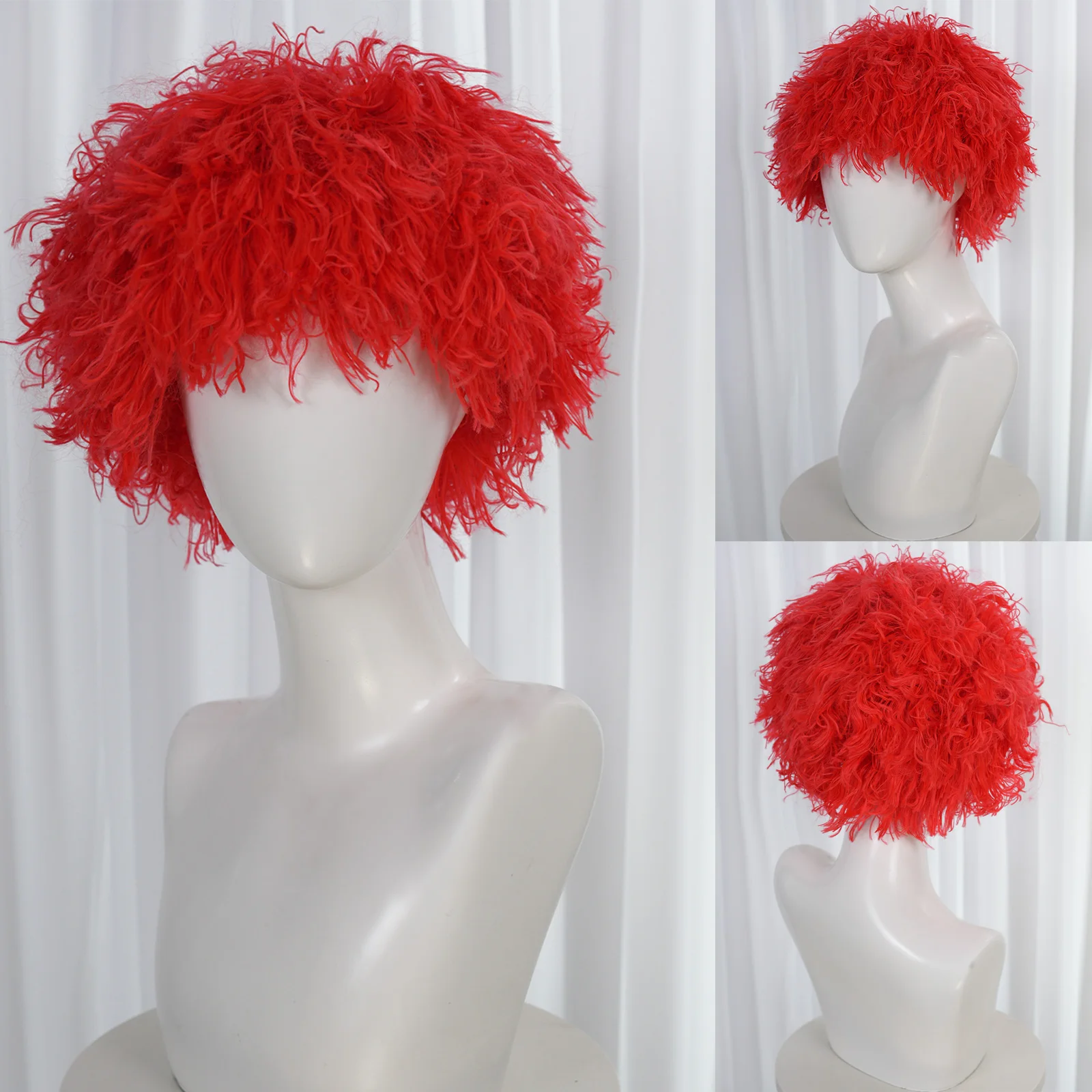 باروكة صناعية قصيرة من مادة الغزل الأحمر، رقيق وفرو، مناسبة لكل من الرجال والنساء، مناسبة للاستخدام في الحفلات
