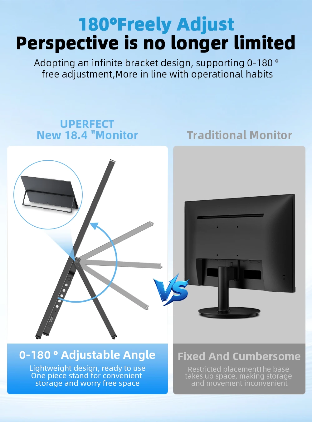 شاشة ألعاب محمولة UPERFECT مقاس 18.4 بوصة بدقة 4K QLED UHD 3840 * 2160 QHD فائقة النحافة مع FreeSync HDR وشاشة سفر مع حامل لجهاز Steam Deck PC MacBook والهواتف والأجهزة اللوحية PS5/4 Xbox Switch