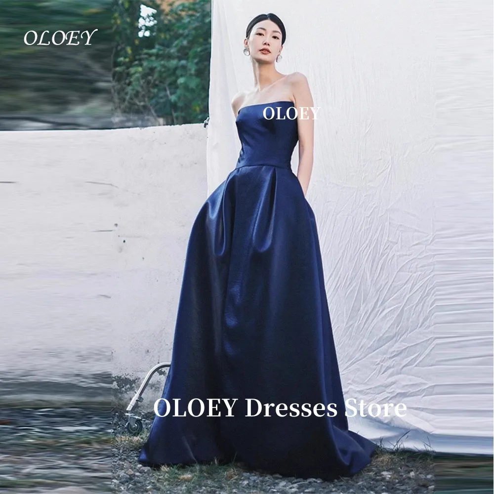 

OLOEY Simple A Line Navy Blue Evening Party Dresses Korea Photo shoot Satin Prom Gowns Formal Occasion Dress Customized