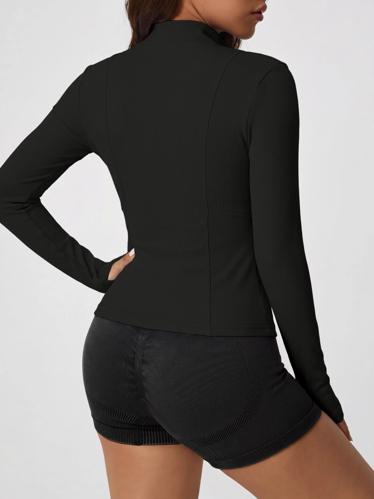 2026 New Buttery Soft Ribbed Workout Jacket Ladies Full Zipper Stand Neck Long Sleeve Thumbhole Gym Sport Casual Outerwear