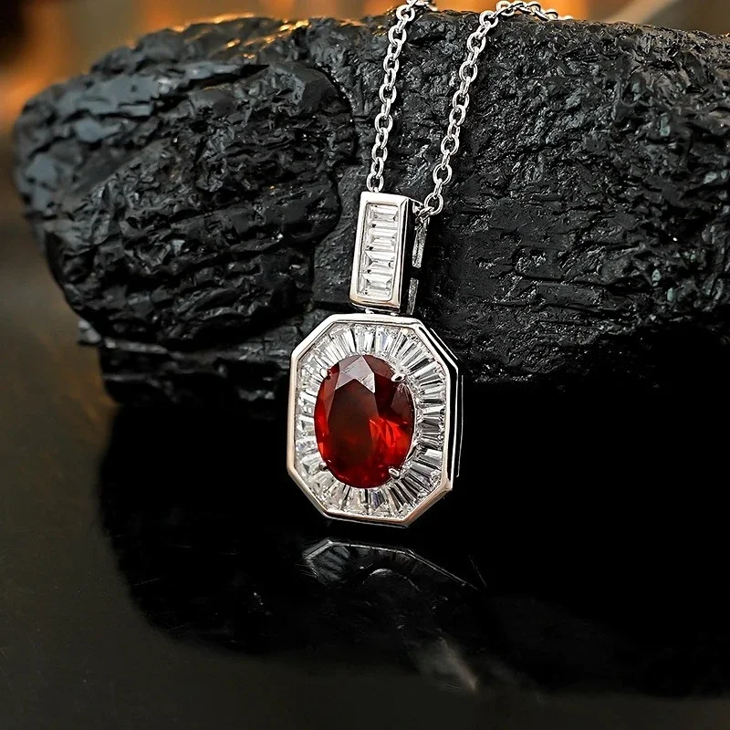 

New Light Luxury S925 Silver Red Treasure Necklace Pendant Elliptical Egg Shaped Classic Full Diamond Inlaid Jewelry