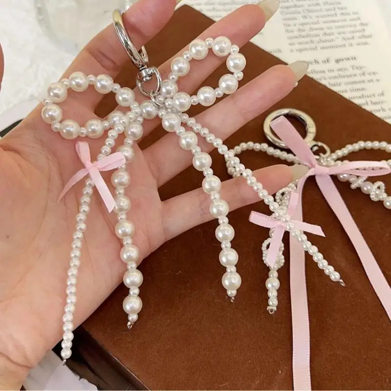 Kawaii Pearl Bow Keychain Lovely Heart Pendant Keyring Portable Bag Decoration for Car Key Holder Accessory