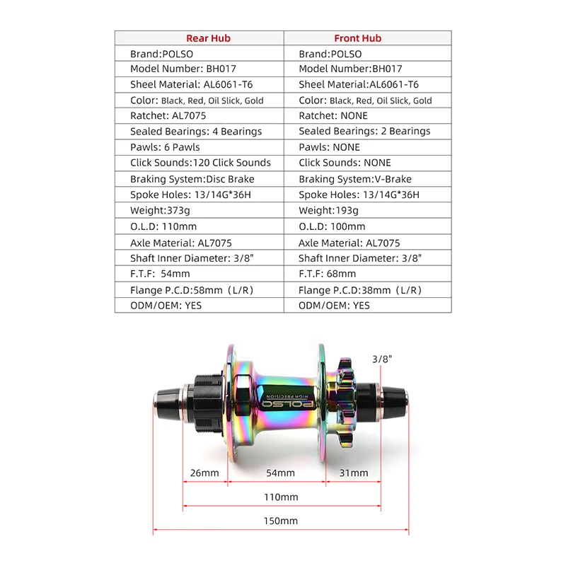 POLSO BH017 BMX Racing Hub 36 Holes Disc Brake 6 Pawls 120 Clicks 3/8 x 110mm BMX Hubs with 16T Cog Lockring