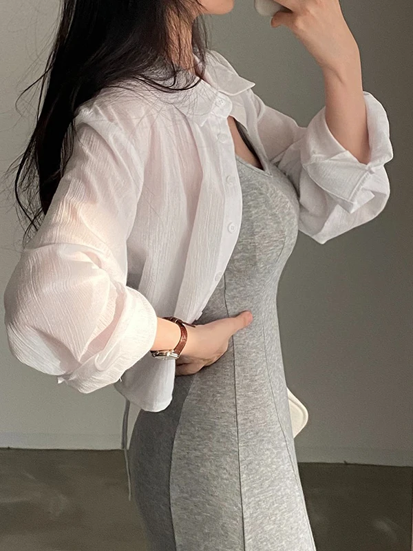 Chic Summer Long Sve Women's Chiffon irt ort Sle Ba Strap Design Sun Protection Straight Cut Pure Color Button Clo...