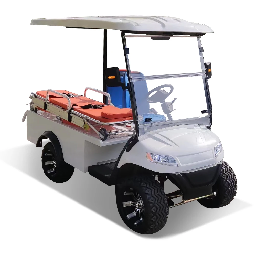ركوب صغير على 2 مقاعد عربات الغولف الكهربائية سيارة إسعاف مخصصة فائدة جسم البضائع مع سرير مائل لا سقف