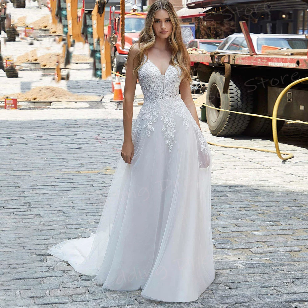 Charmante robe de mariée A-Line pour femme, appliques en dentelle, bretelles spaghetti, dos nu, mariée