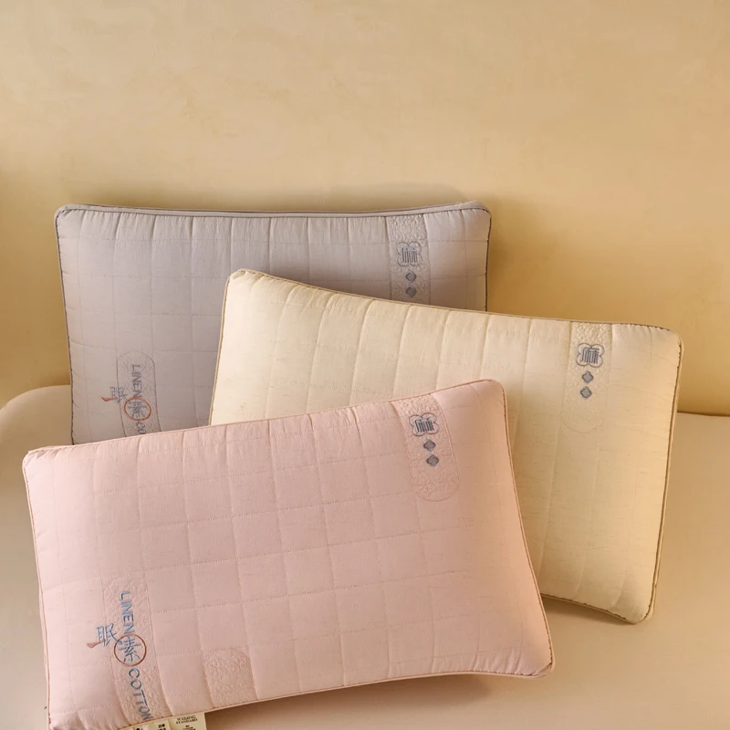 Solid color cervical spine pillow household adult single linen sleep embroidery feather silk pillow neck protection