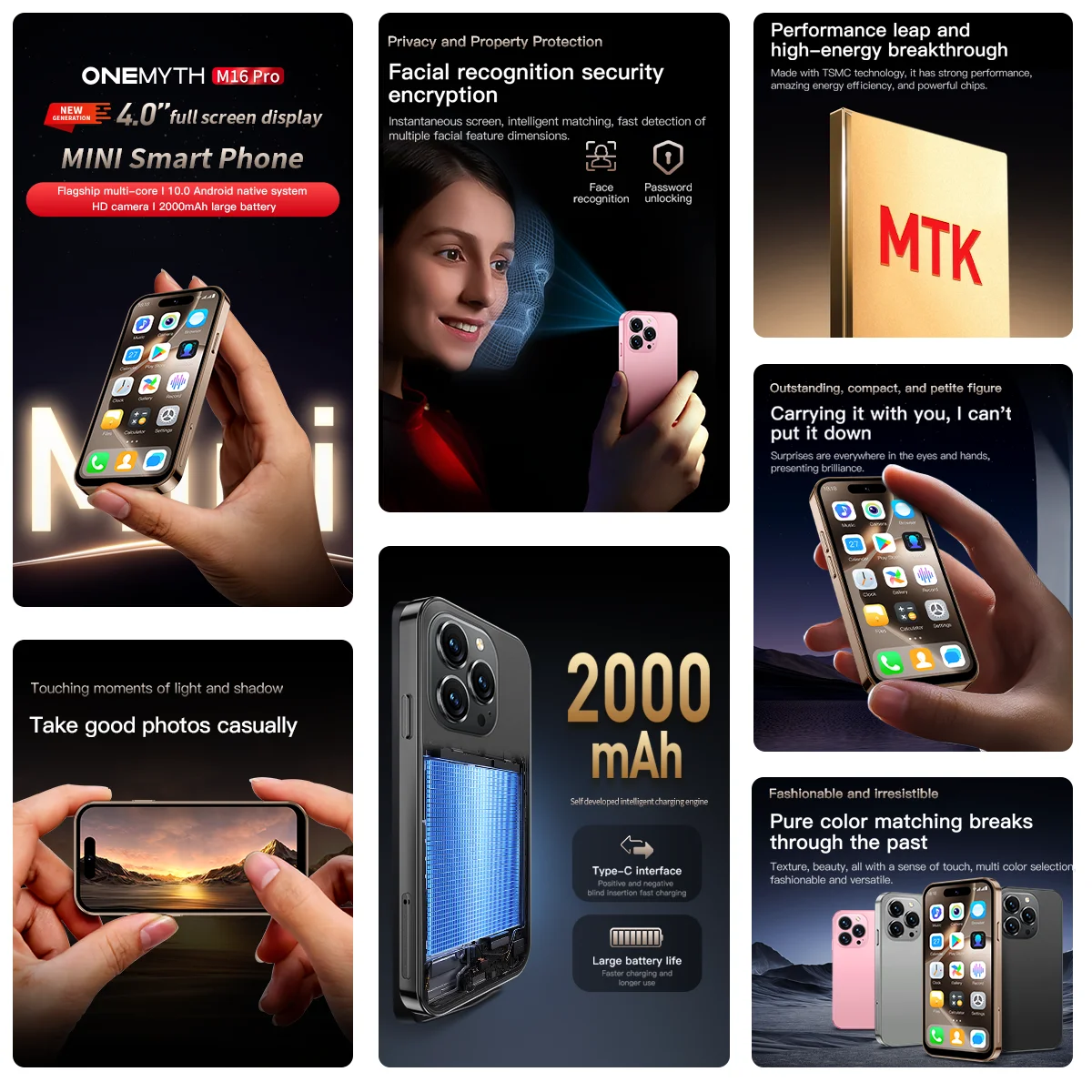 New ONEMYTH M16 Pro Mini Smartphone 3G Network 4.0 Inch Full Screen 2000mAh 2GB RAM 16GB ROM 5MP Camera Dual SIM With Face ID