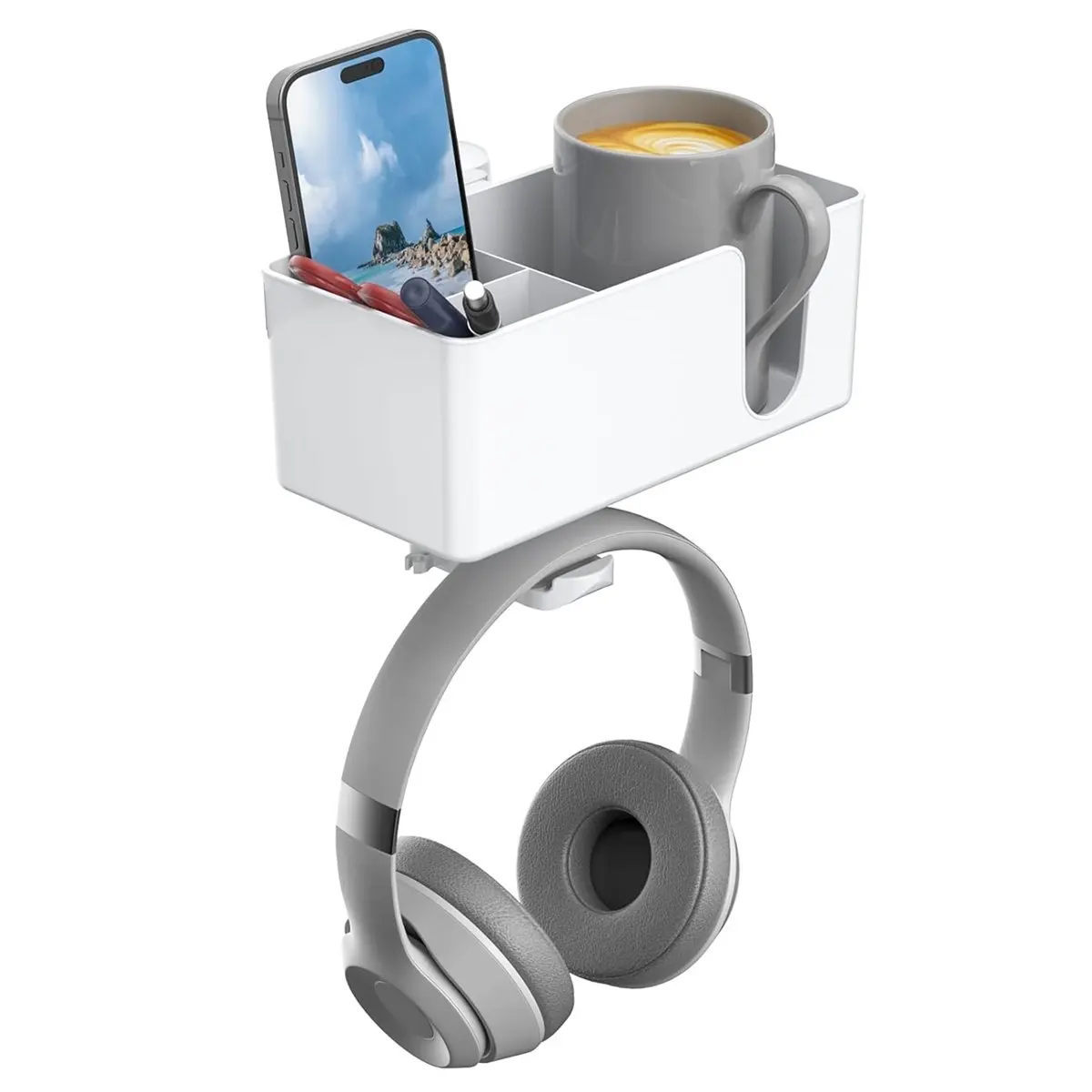 4in1 Desk Cup Holder - Clamp on Under Desk Headphone Hanger - Rotating Headphone Holder Detachable Pen Cup Holder White