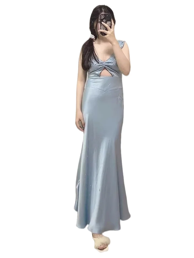 Vintage Women Sand Washed 100% Silk Dress Sexy Blue Heavy Embroidery Suspender Midi Dress Tie Waist V-Neck Sleeveless Long Dress