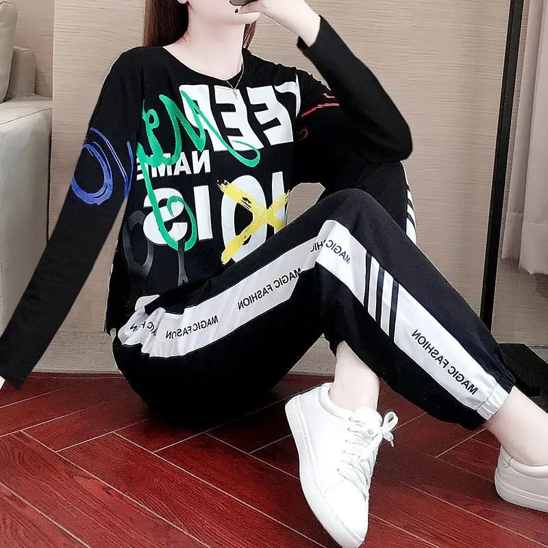 Women's Spring Autumn 2024 New Casual Suit Korean Loose Stylish Long Sleeve Crop Top And Pants 2 Two Piece Sports Set For Women