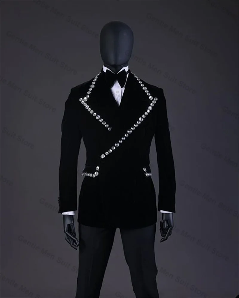 Crystals Black Velvet Men Suits Set 2 Piece Blazer+Cotton Pant Double Breasted Custom Made Jacket Prom Groom Wedding Tuxedo Coat