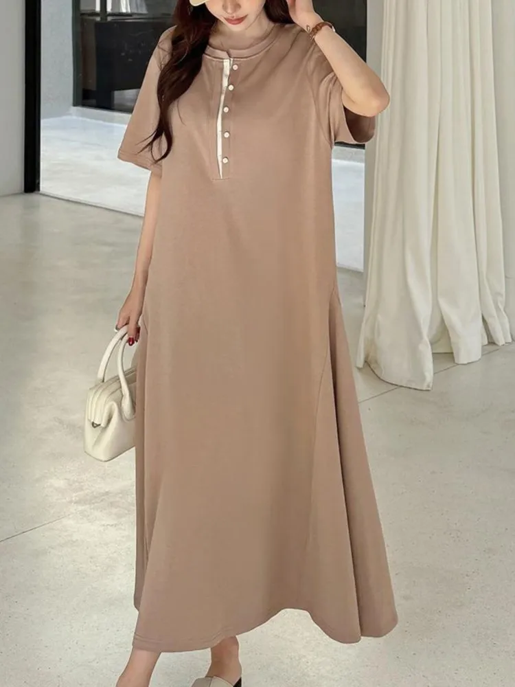 وهمية قطعتين الصيف فضفاض تي شيرت حجم كبير فساتين طويلة رداء Elbise قصيرة الأكمام المرأة الكورية ألف خط السيدات فساتين متوسطة الطول