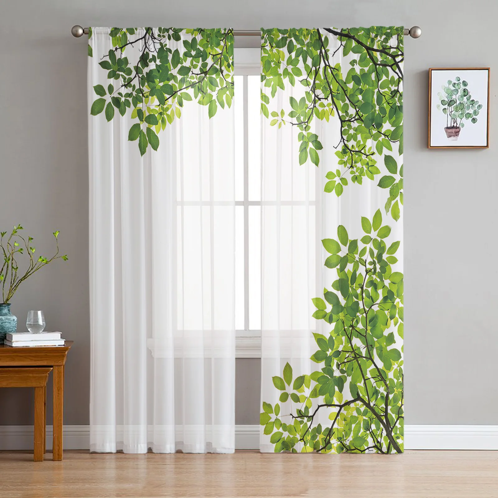 Green Branches Plant Leaves Tulle Curtains for Living Room Bedroom Modern Kitchen Sheer Curtains for Voile Curtain